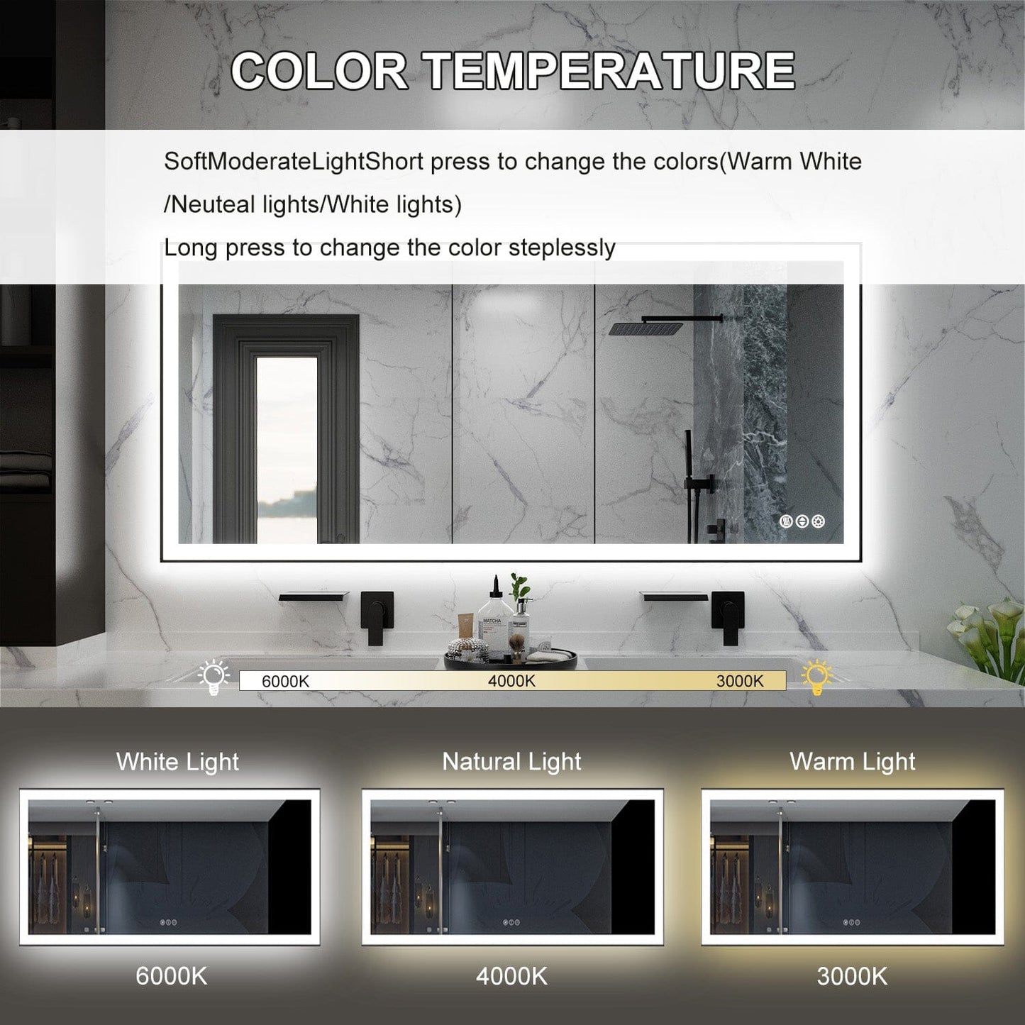 60"/72"/84" LED Bathroom Mirror with Black Frame, Anti-Fog, Shatter-Proof, Memory, 3 Colors