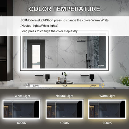 60"/72"/84" LED Bathroom Mirror with Black Frame, Anti-Fog, Shatter-Proof, Memory, 3 Colors