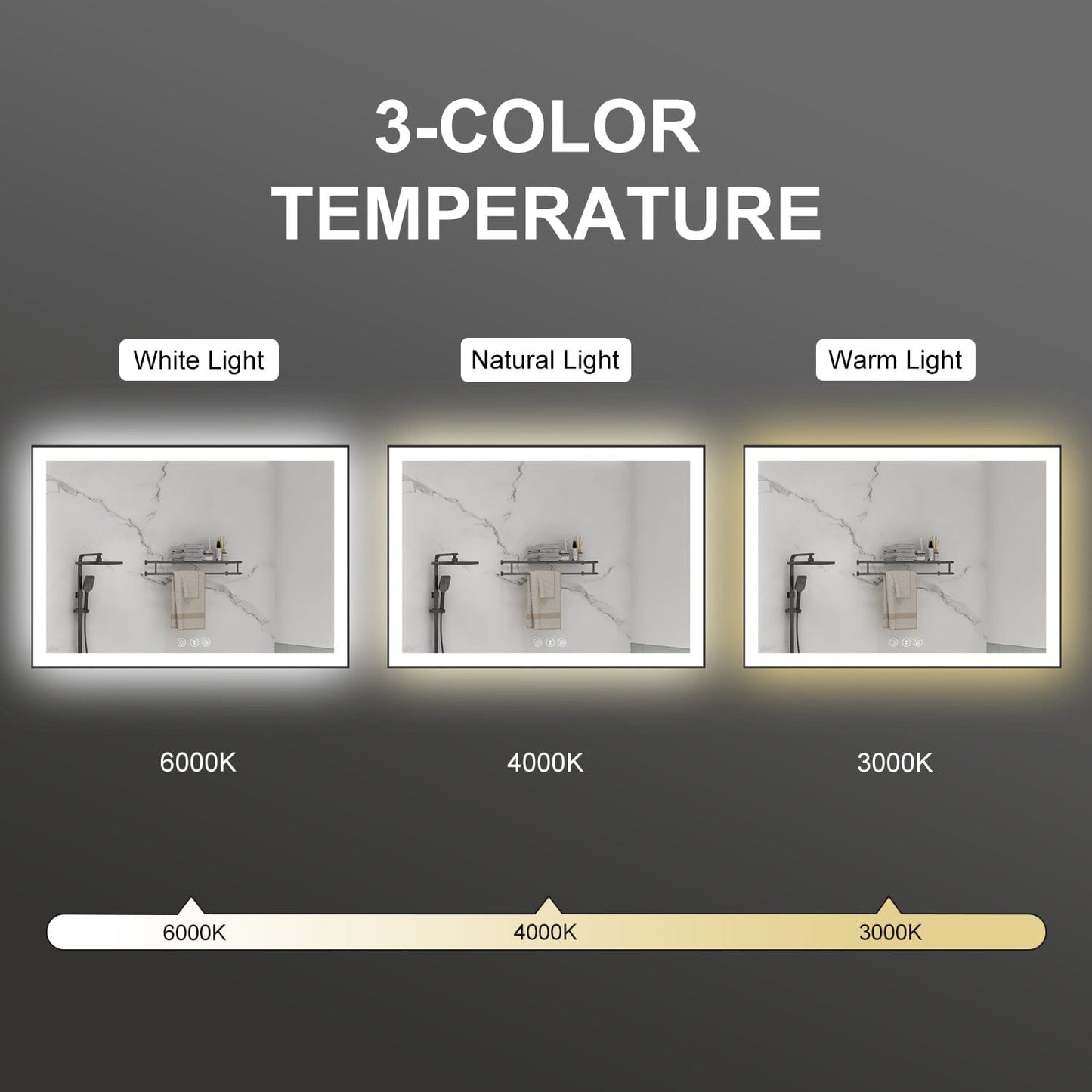 60"/72"/84" LED Bathroom Mirror with Black Frame, Anti-Fog, Shatter-Proof, Memory, 3 Colors