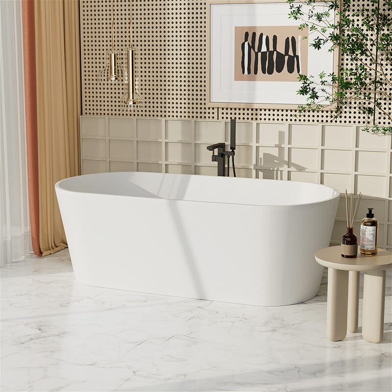 63'' Solid Surface Stone Resin Oval-shaped Matte White Freestanding Soaking Bathtub with Overflow