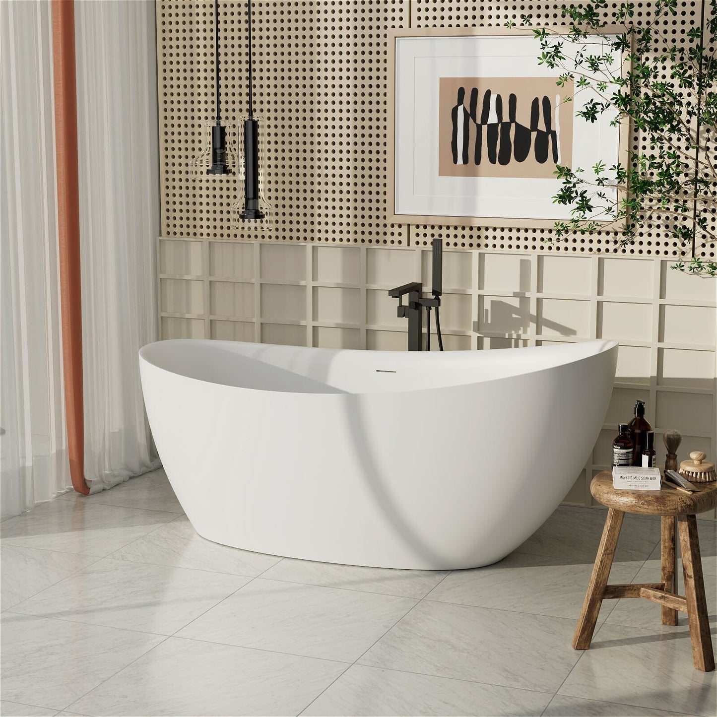 67'' Single Slipper Tub Solid Surface Stone Resin Freestanding Soaking Bathtub with Built-in Seat