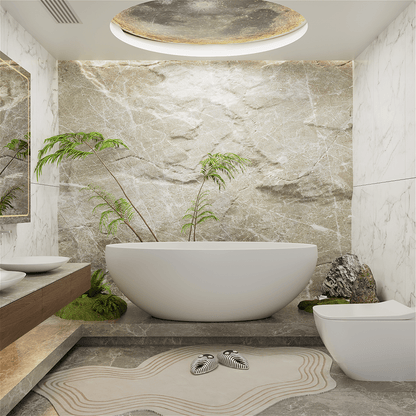 67'' Solid Surface Stone Resin Oval-shaped Matte White Freestanding Soaking Bathtub with Overflow