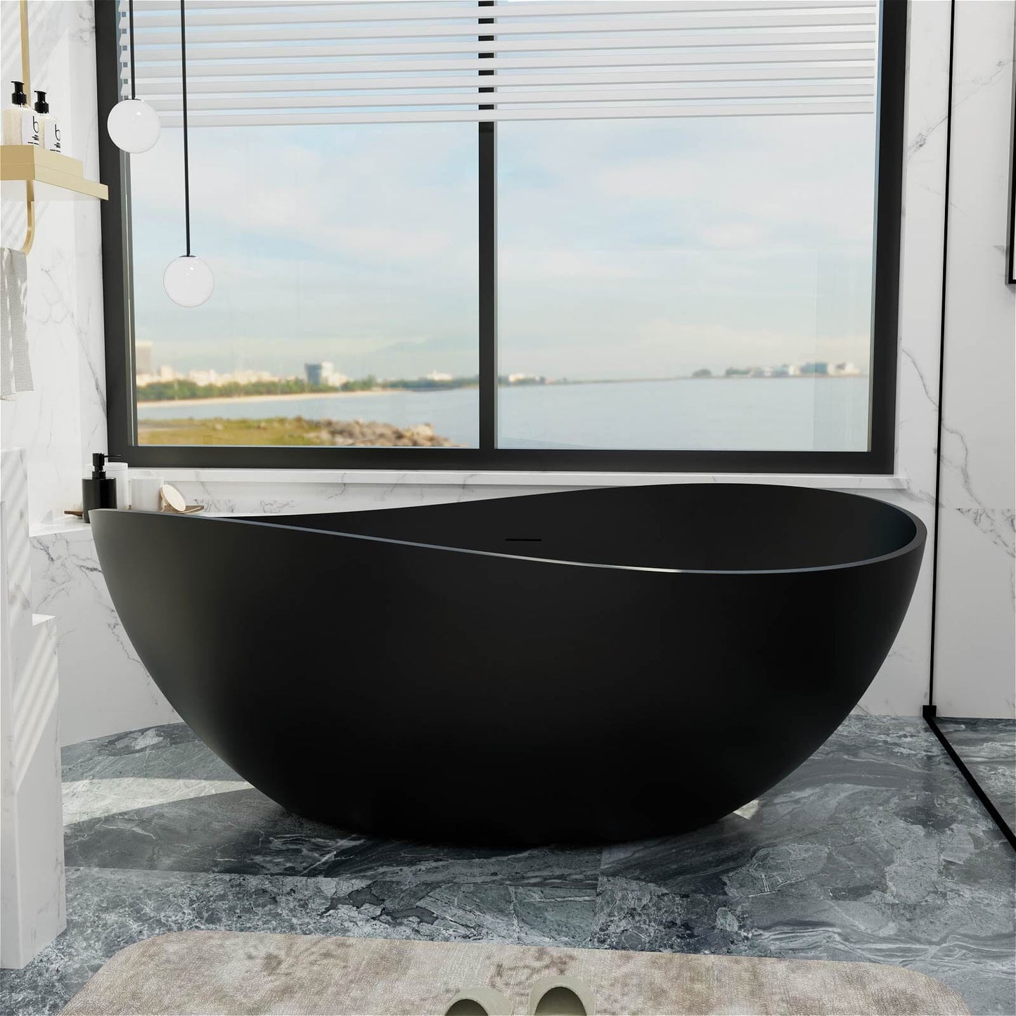 63'' Solid Surface Stone Resin Wave Shaped Freestanding Soaking Bathtub