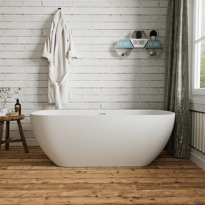 67'' Solid Surface Stone Resin Modern Oval Matte White Freestanding Soaking Bathtub with Overflow