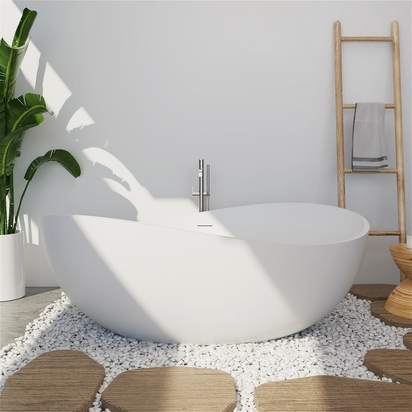 63'' Modern Wavy Curve Solid Surface Stone Resin Freestanding Soaking Bathtub