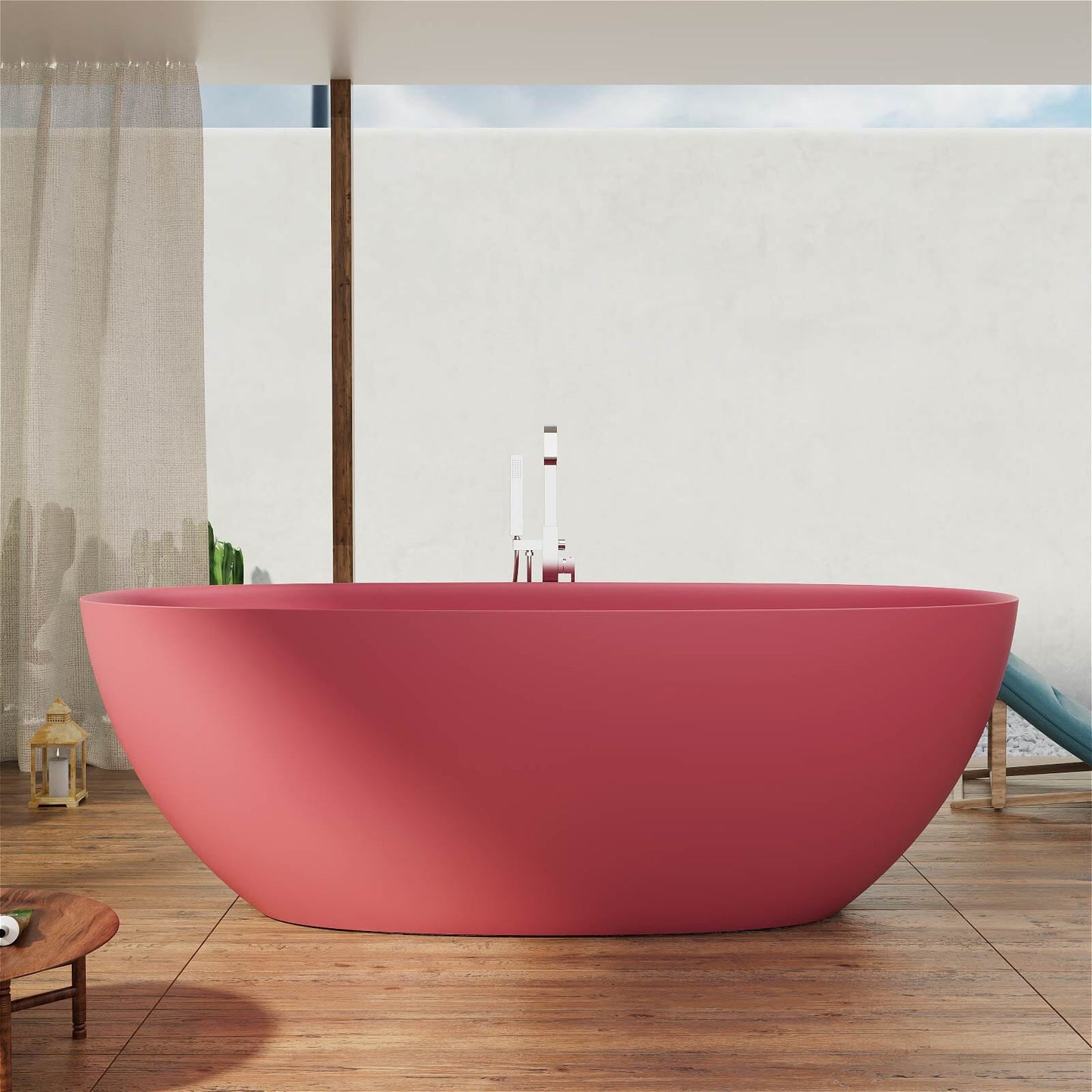 65'' Solid Surface Stone Resin Modern Oval Shaped Freestanding Soaking Bathtub with Overflow