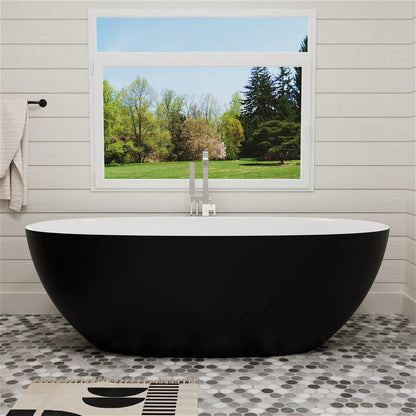 65'' Solid Surface Stone Resin Modern Oval Shaped Freestanding Soaking Bathtub with Overflow