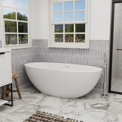 55'' Solid Surface Stone Resin Oval-shaped Freestanding Soaking Bathtub with Overflow