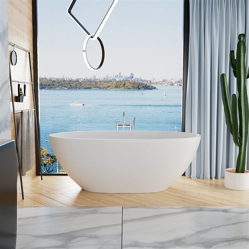 61'' Solid Surface Stone Resin Oval-shaped Matte White Freestanding Soaking Bathtub with Overflow