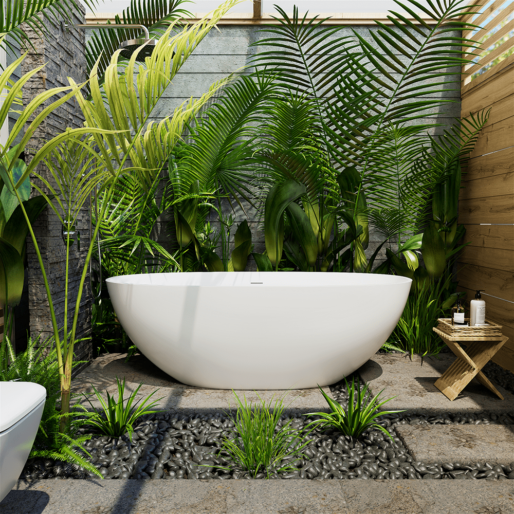 65'' Solid Surface Stone Resin Oval-shaped Freestanding Soaking Bathtub with Overflow