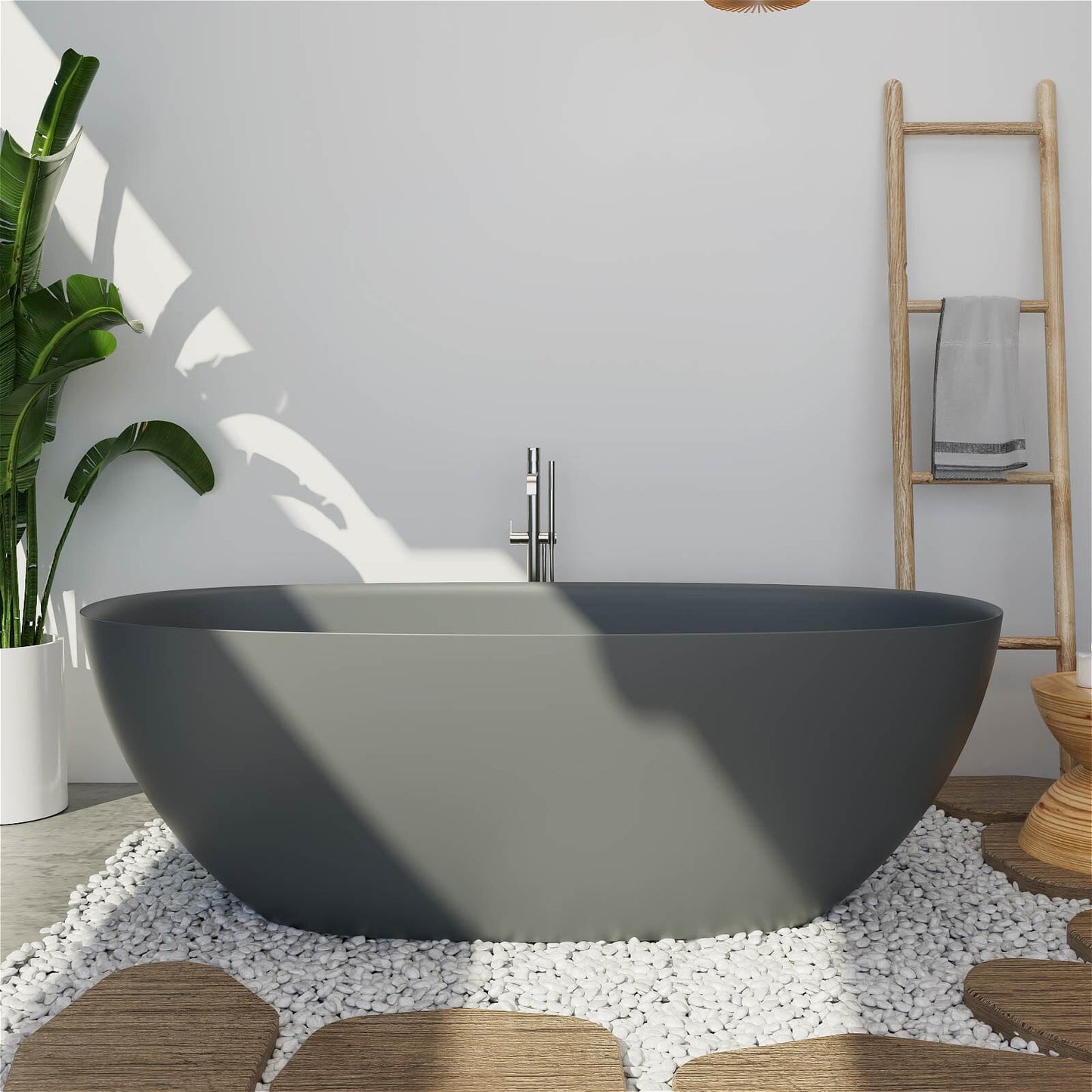 65'' Solid Surface Stone Resin Modern Oval Shaped Freestanding Soaking Bathtub with Overflow