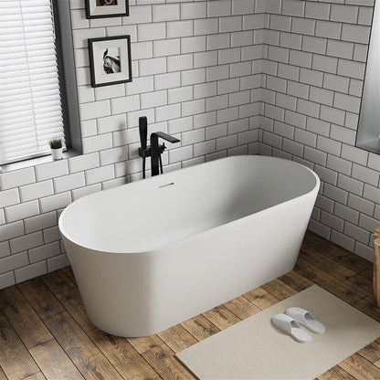 63'' Solid Surface Stone Resin Oval-shaped Matte White Freestanding Soaking Bathtub with Overflow