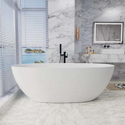 65'' Solid Surface Stone Resin Modern Oval Shaped Freestanding Soaking Bathtub with Overflow