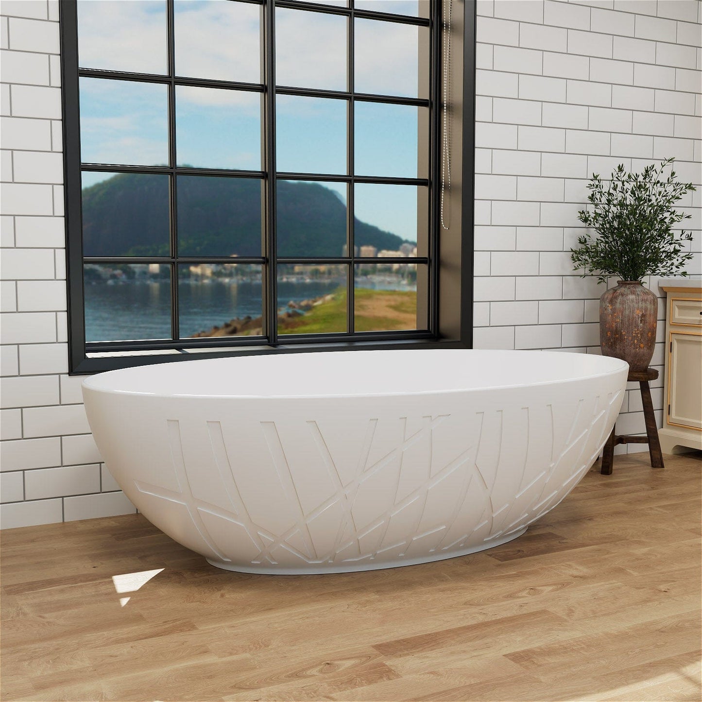 67'' Large Oval Tub Solid Surface Stone Resin Freestanding Soaking Bathtub