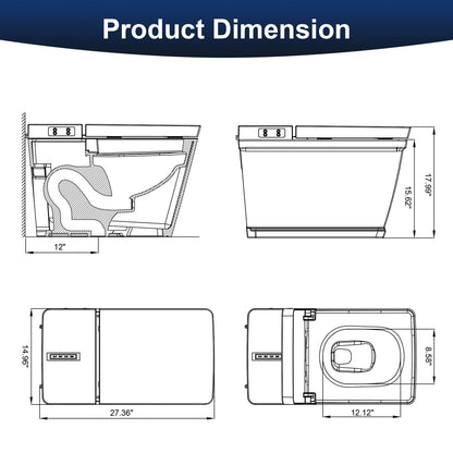 Square Smart Bidet Toilet with Remote Control, One Piece Tankless, Heated Seat, Warm Water and Dry