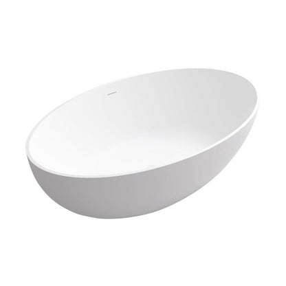 67'' Solid Surface Stone Resin Oval-shaped Matte White Freestanding Soaking Bathtub with Overflow