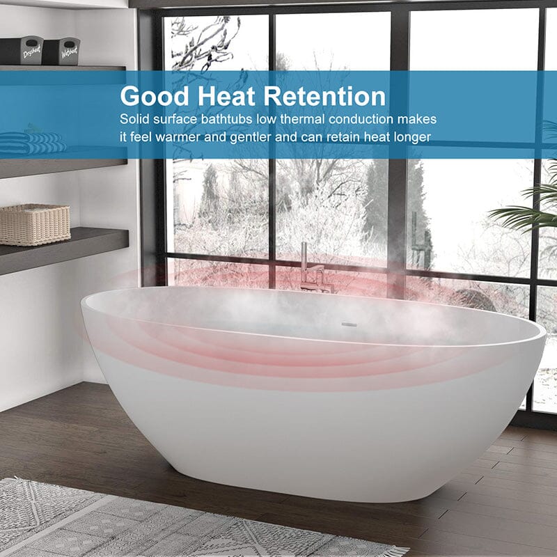 61'' Solid Surface Stone Resin Oval-shaped Matte White Freestanding Soaking Bathtub with Overflow