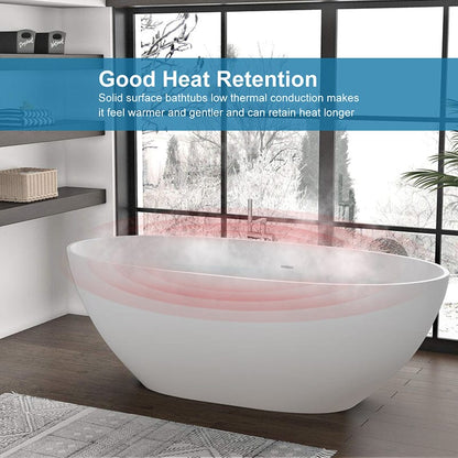 61'' Solid Surface Stone Resin Oval-shaped Matte White Freestanding Soaking Bathtub with Overflow