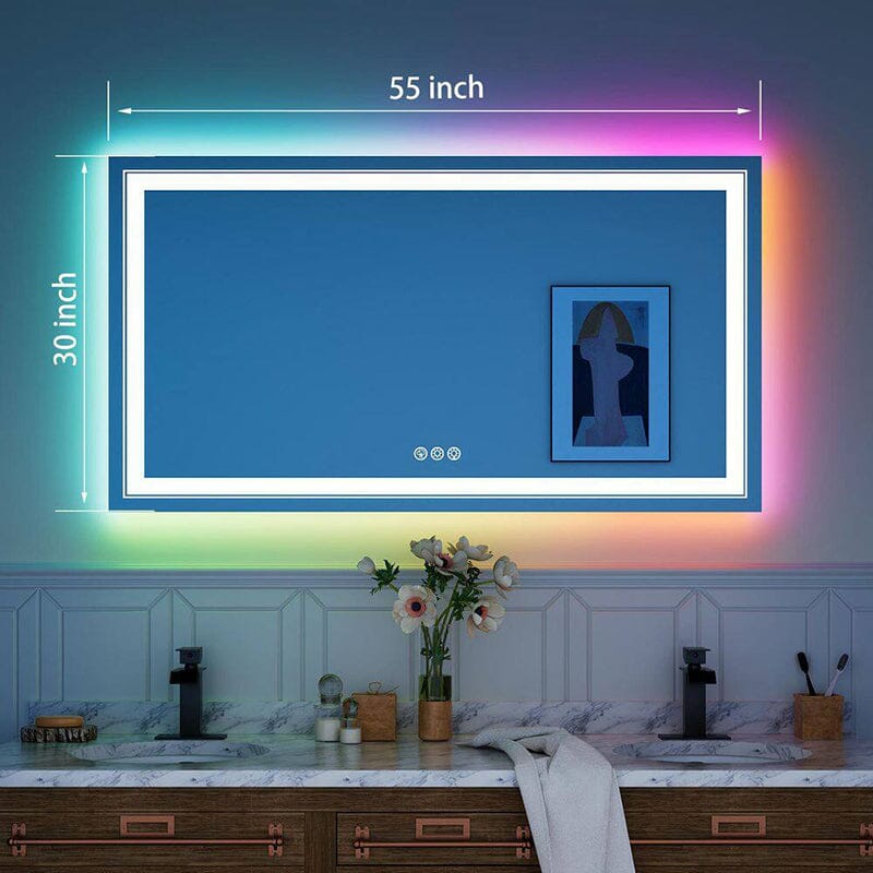 RGB LED Light Bathroom Vanity Mirror Rectangular Frameless Anti Fog