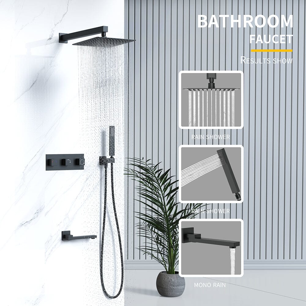 Bathroom 12" Square Wall Mounted Shower Set with Hand Shower & Tub Spout