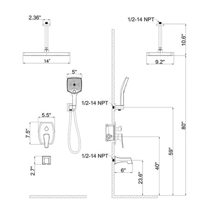 Shower Systems 14" Rectangular Ceiling Shower Head with Hand Shower & Tub Spout