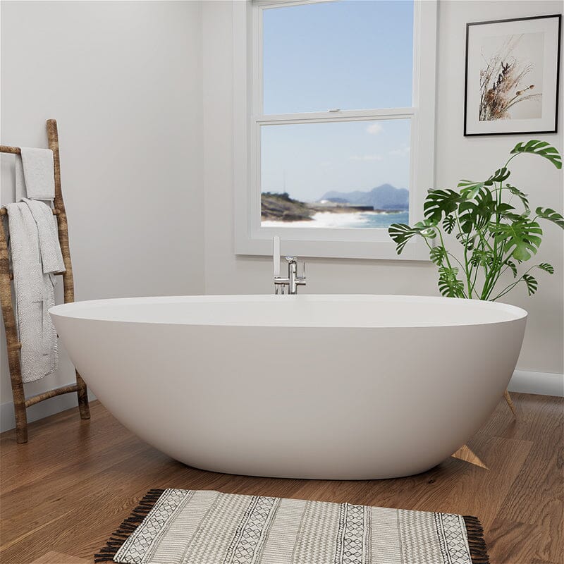 67'' Solid Surface Stone Resin Modern Egg Shaped Freestanding Soaking Bathtub with Overflow