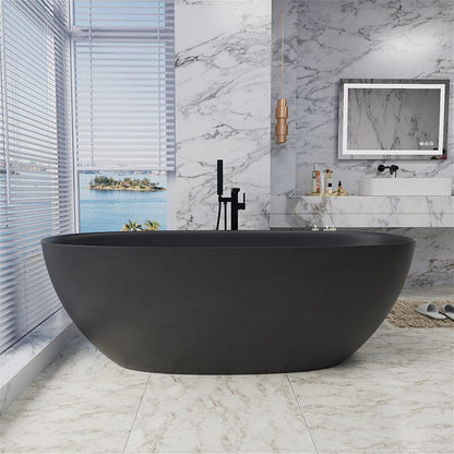 65'' Solid Surface Stone Resin Modern Oval Shaped Freestanding Soaking Bathtub with Overflow