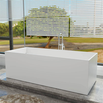 67'' Solid Surface Stone Resin Rectangular Freestanding Soaking Bathtub with Ergonomic Backrest