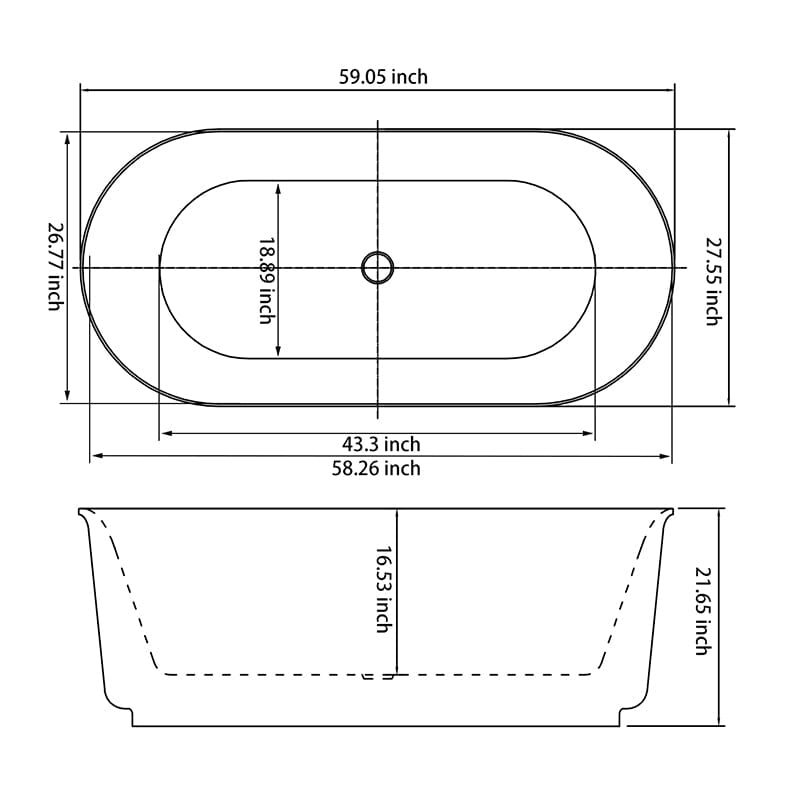 59' Oval Acrylic Bathtub Double Ended Freestanding Soaking Tub