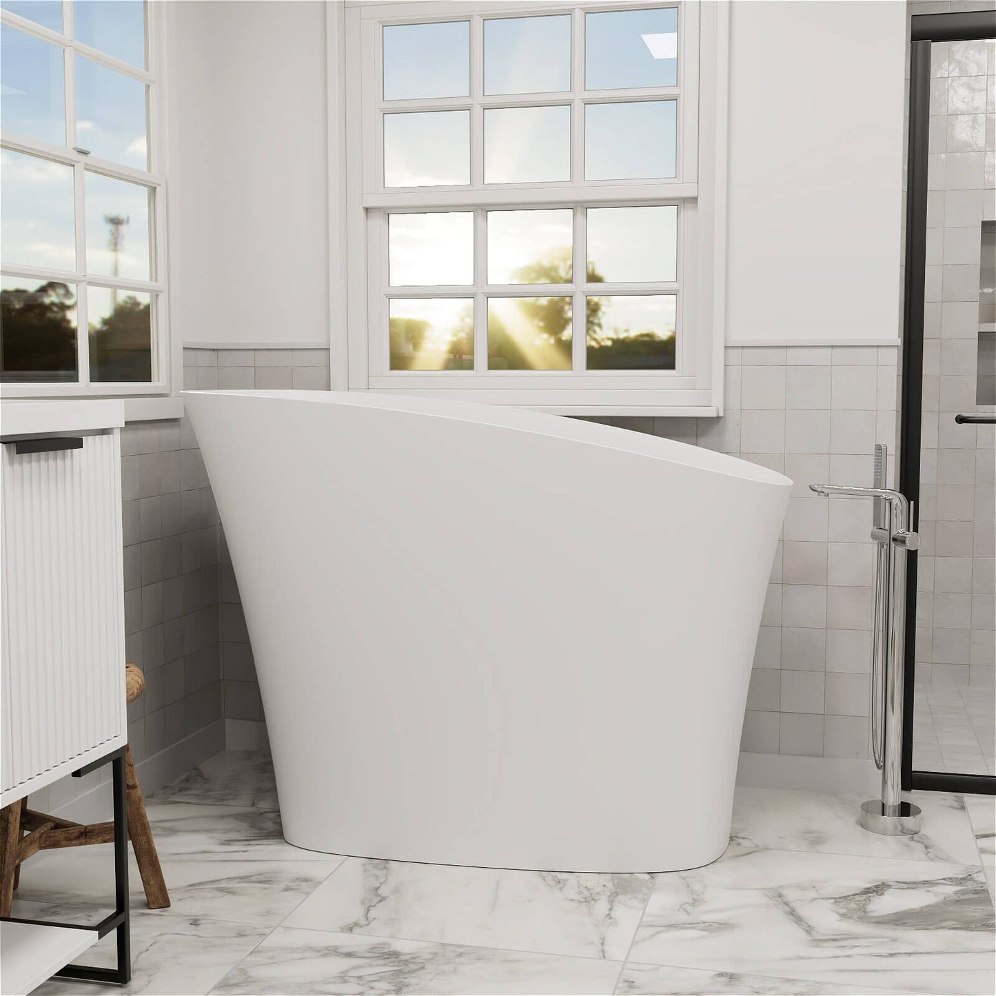 47" Single Slipper Freestanding Japanese Soaking Bathtub Solid Surface Stone Resin Tub with Built-in Seat