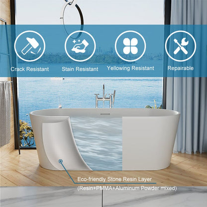 63'' Solid Surface Stone Resin Oval-shaped Matte White Freestanding Soaking Bathtub with Overflow