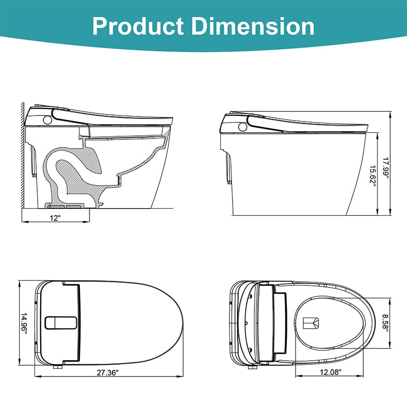 Elongated One-Piece Floor Mounted Smart Toilet with Remote Control and Automatic Cover