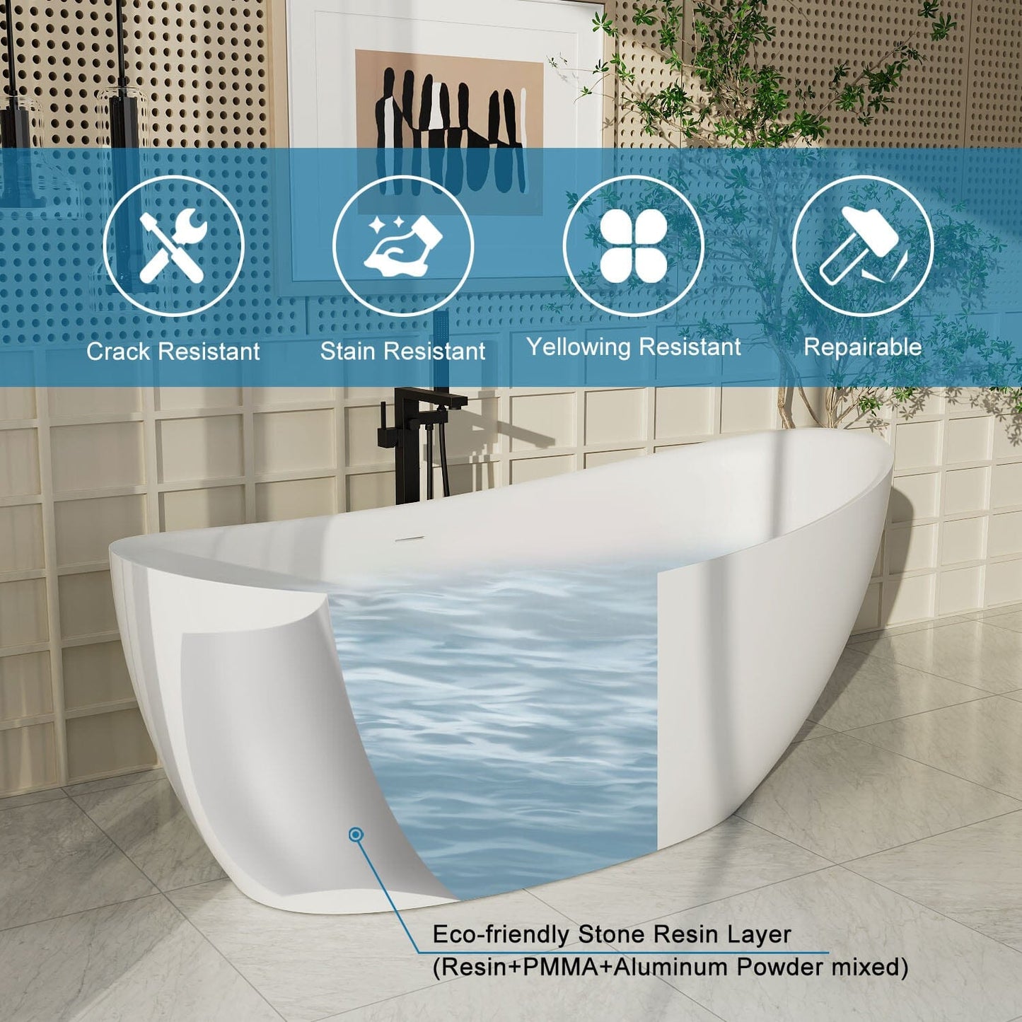 67'' Single Slipper Tub Solid Surface Stone Resin Freestanding Soaking Bathtub with Built-in Seat