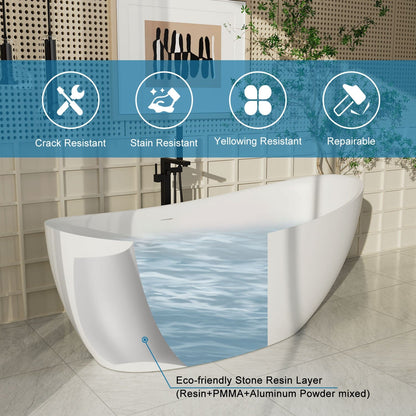 67'' Single Slipper Tub Solid Surface Stone Resin Freestanding Soaking Bathtub with Built-in Seat