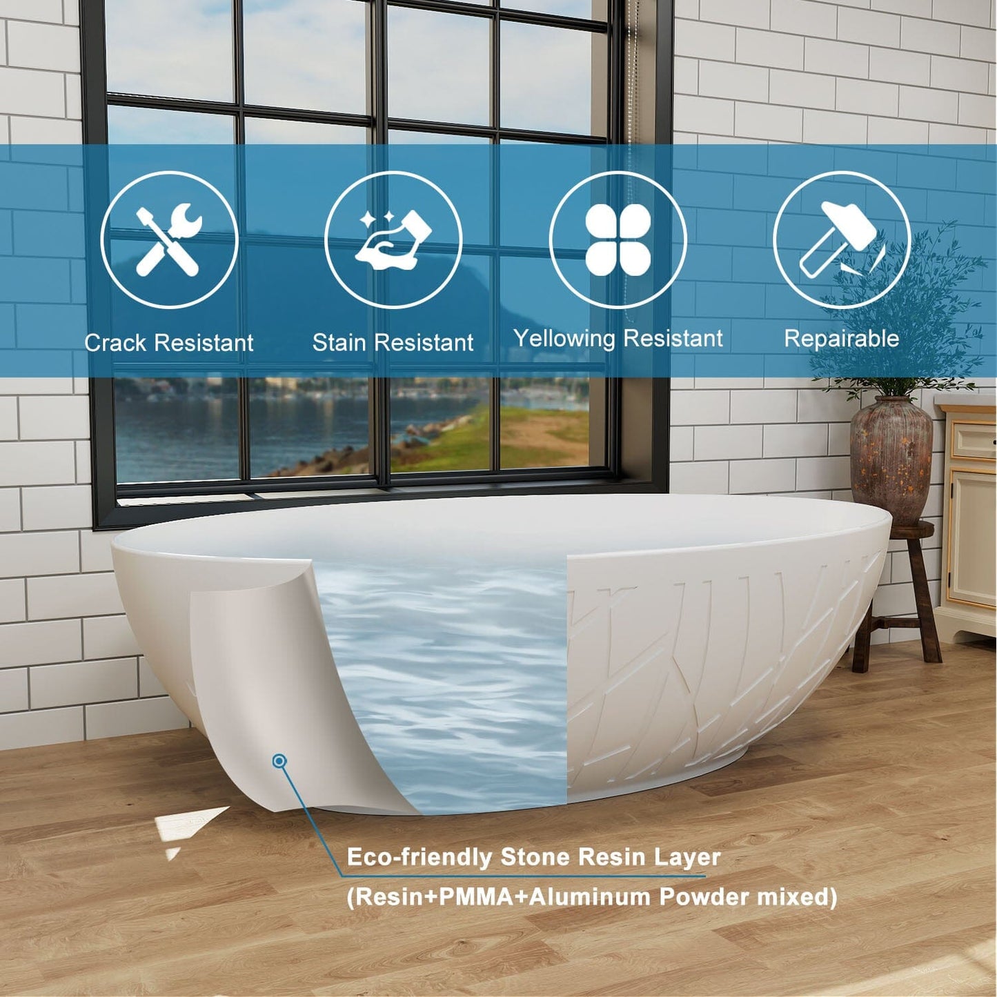 67'' Large Oval Tub Solid Surface Stone Resin Freestanding Soaking Bathtub