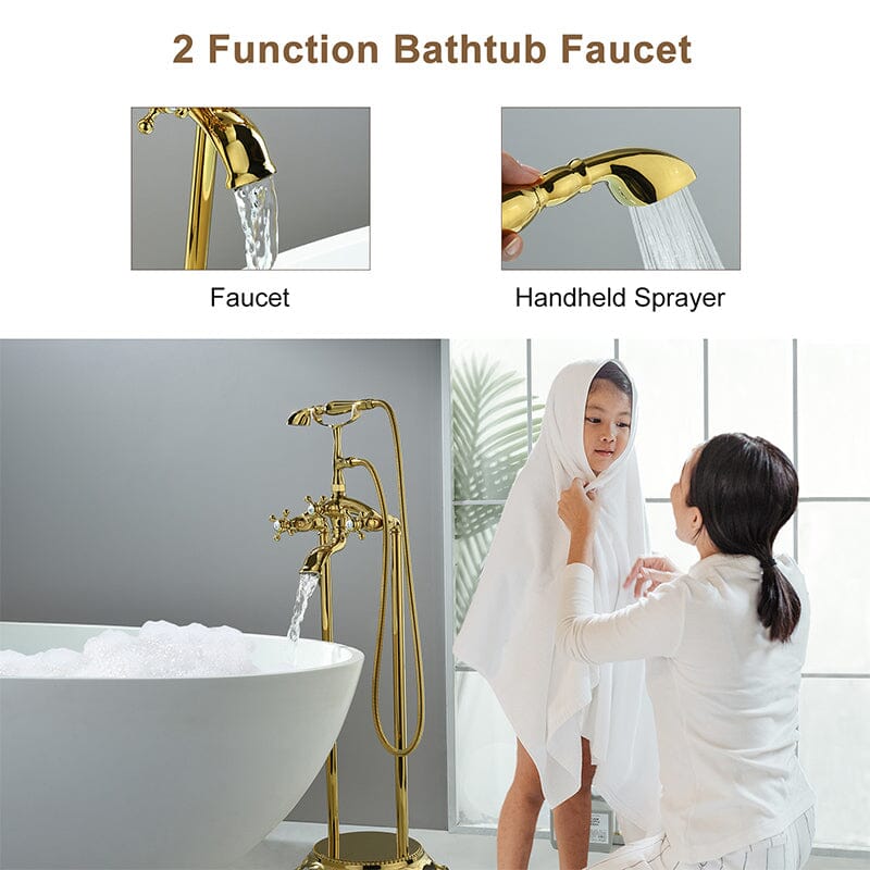 Floor Mount Freestanding Bathtub Faucet with Handheld Shower Gold Retro Style