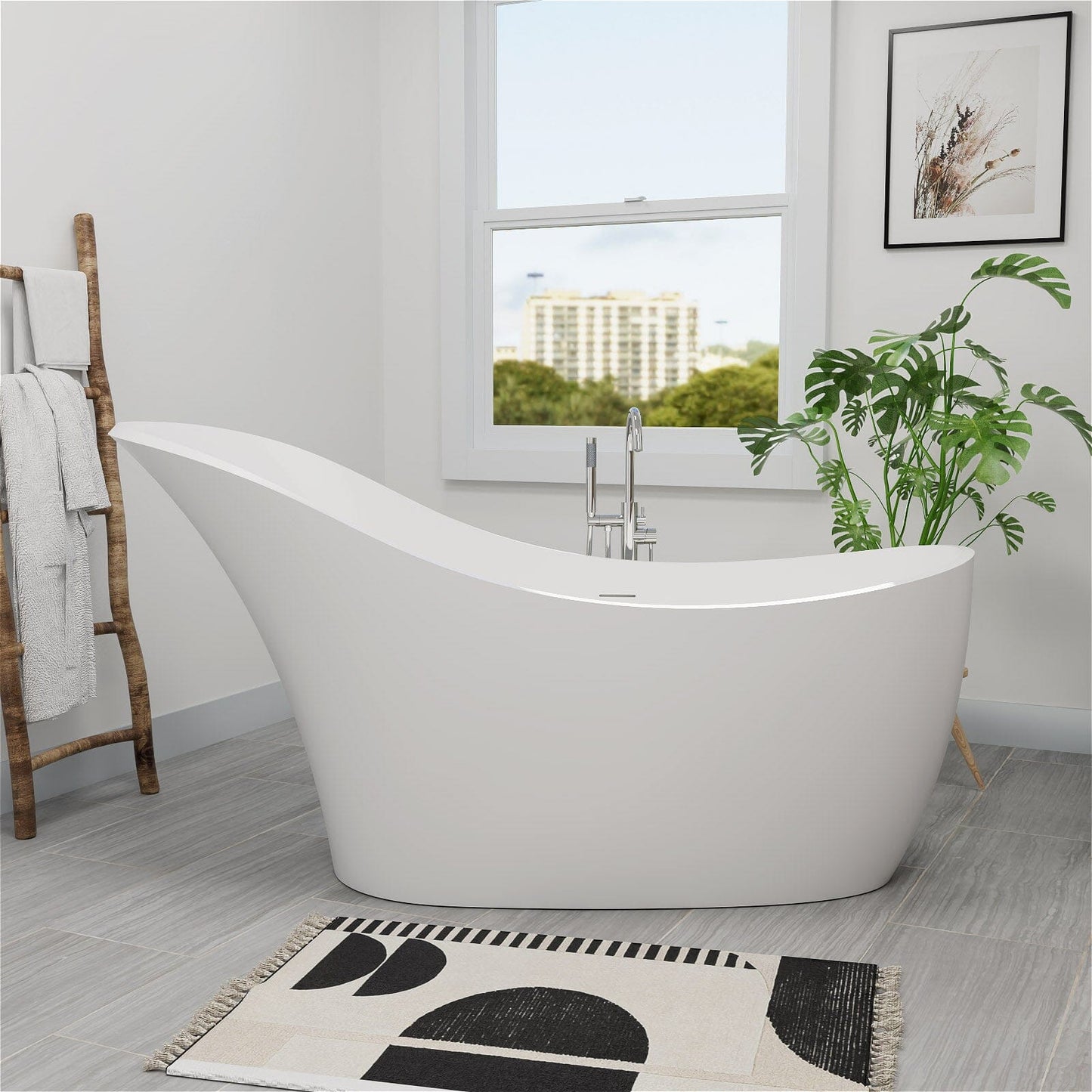 66'' Single Slipper Tub Solid Surface Stone Resin Freestanding Soaking Bathtub Comfortable Backrest