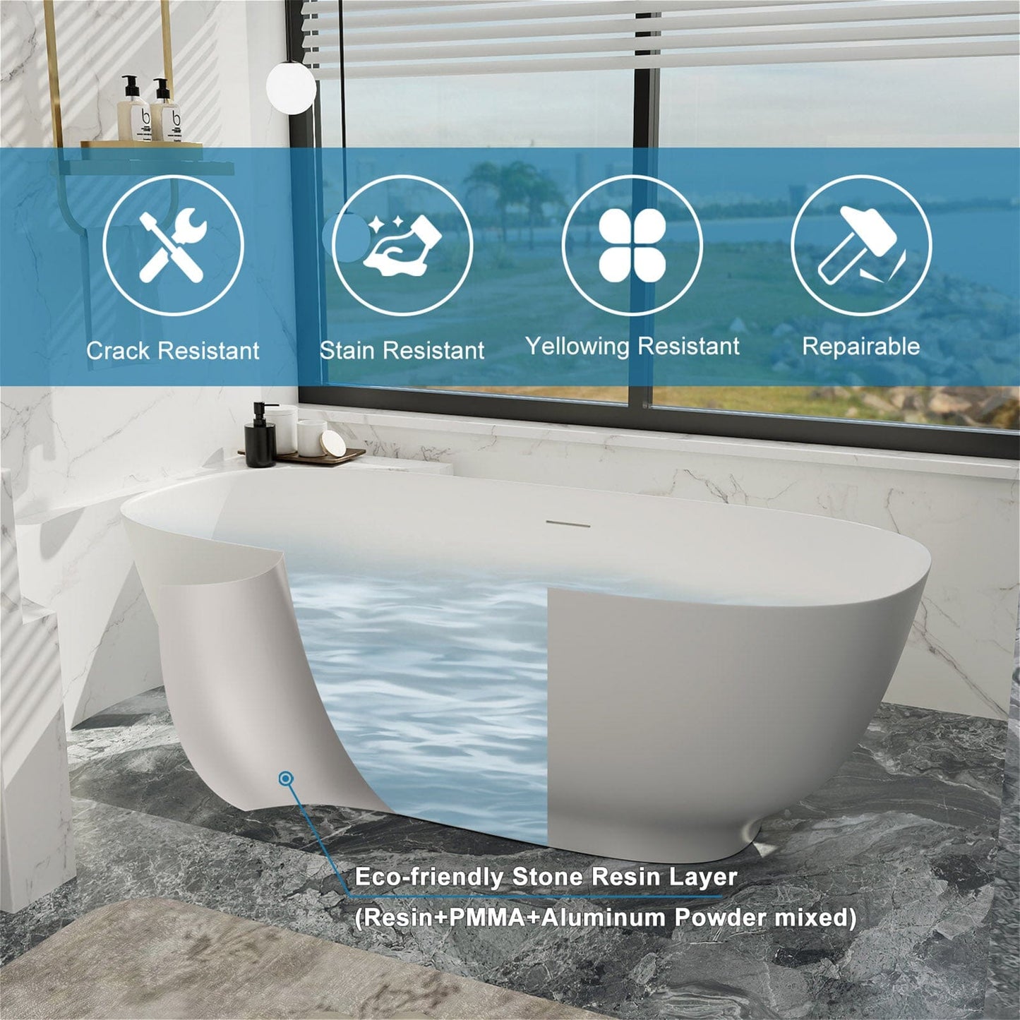 63'' Modern Freestanding Soaking Tub Solid Surface Stone Resin Bathtub Rounded Rectangle