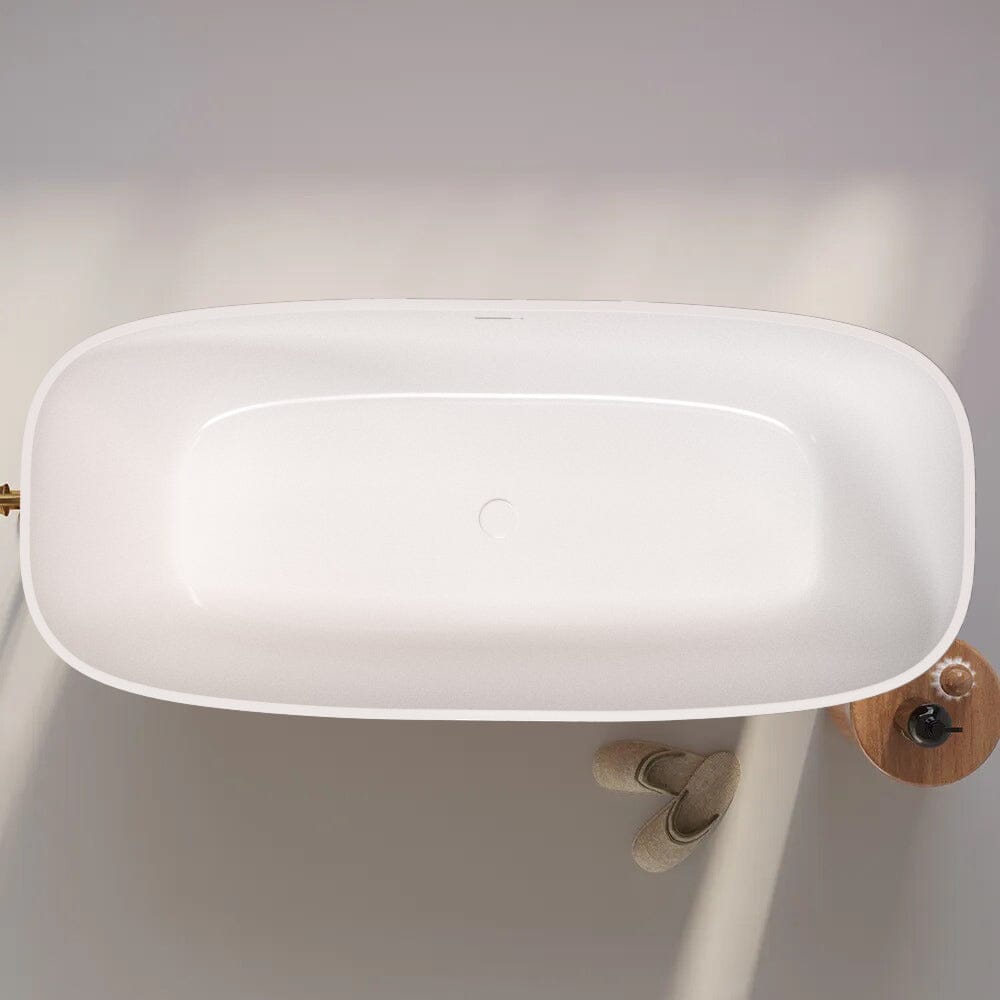 67'' Solid Surface Stone Resin Modern Oval Matte White Freestanding Soaking Bathtub with Overflow