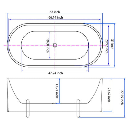 67'' Oval Acrylic Fluted Freestanding Soaking Bathtub with Feet