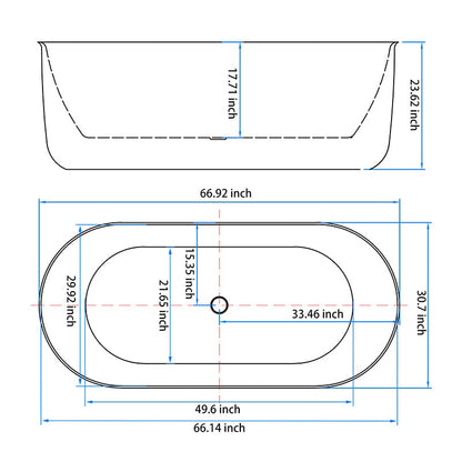 67'' Oval Acrylic Fluted Bathtub Double Ended Freestanding Soaking Tub