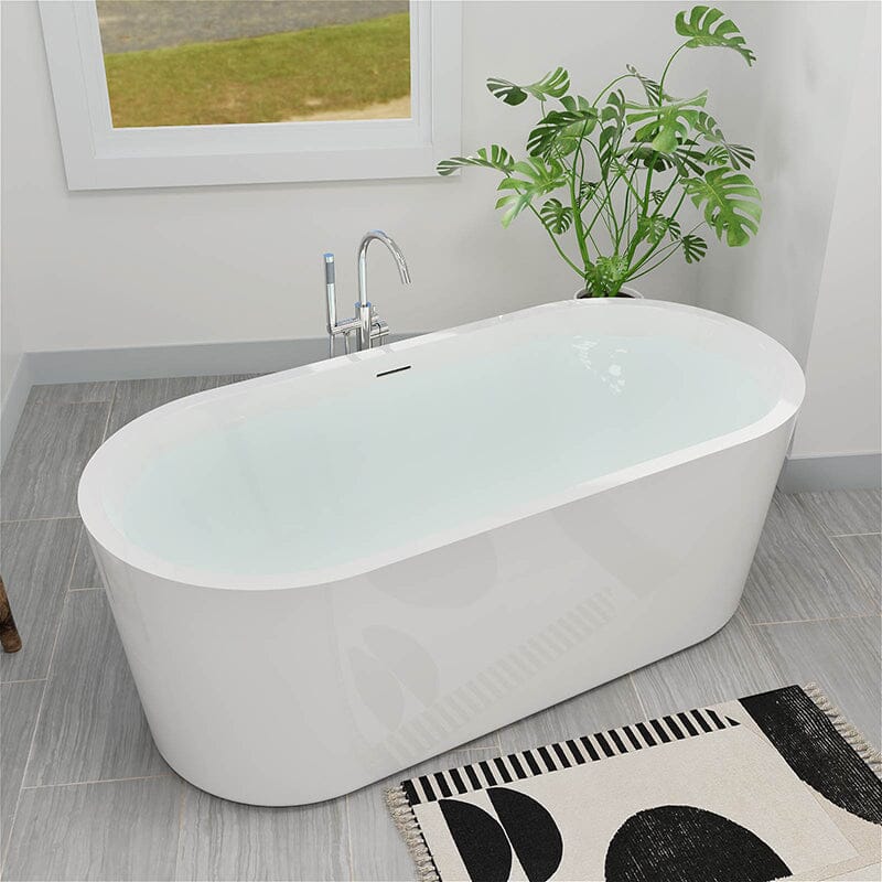 65" Acrylic Oval Flatbottom Freestanding Soaking Bathtub in Glossy White