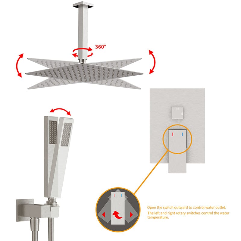 12" Ceiling Mounted Square Shower Systems with Head Shower & Hand Shower Combo Set