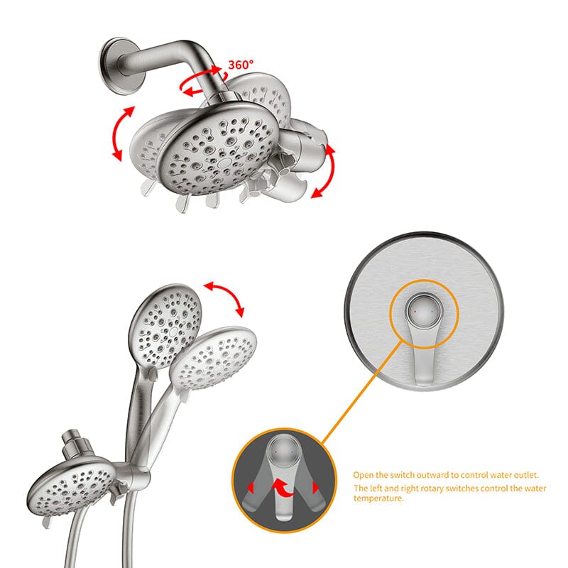 6 Spray Mode Dual Rain & Handheld Shower Heads Combo with Hose