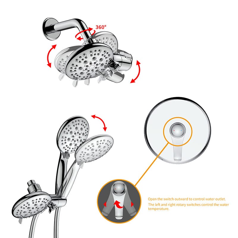 6 Spray Mode Dual Rain & Handheld Shower Heads Combo with Hose