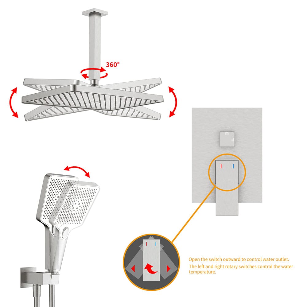 Shower Set 14.2" Rectangular Ceiling Shower Head with 3 Functions Hand Shower