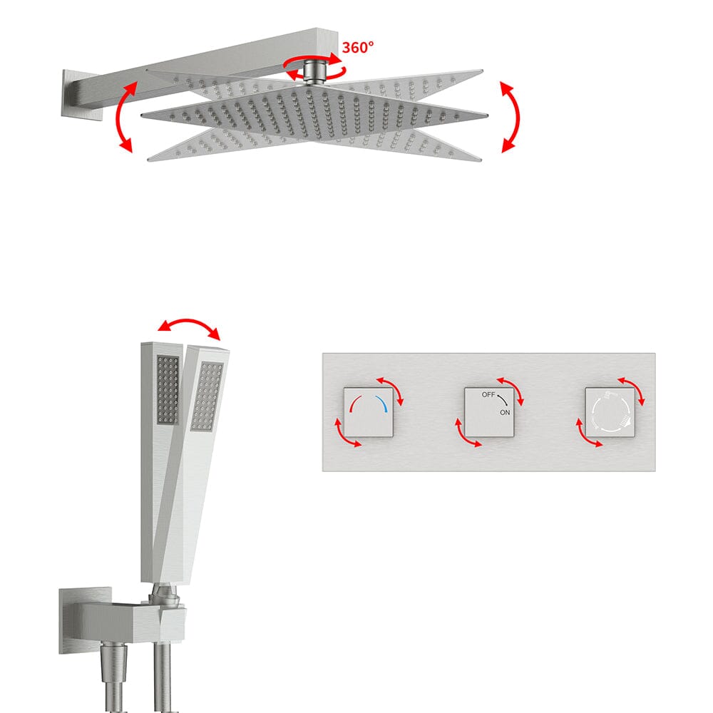 Bathroom 12" Square Wall Mounted Shower Set with Hand Shower & Tub Spout