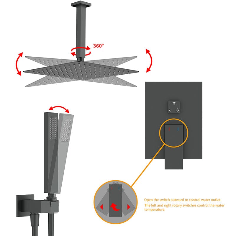 12" Ceiling Mounted Square Shower Systems with Head Shower & Hand Shower Combo Set