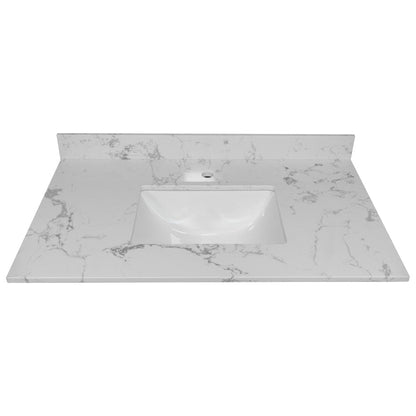 31inch bathroom stone vanity top engineered white marble color with undermount ceramic sink and single faucet hole with backsplash