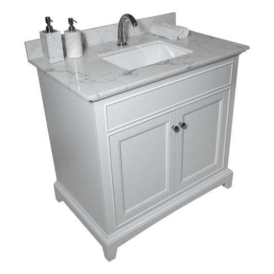 31inch bathroom stone vanity top engineered white marble color with undermount ceramic sink and single faucet hole with backsplash